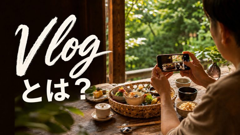 旅行先の料理をスマートフォンで撮影するVlogのイメージ